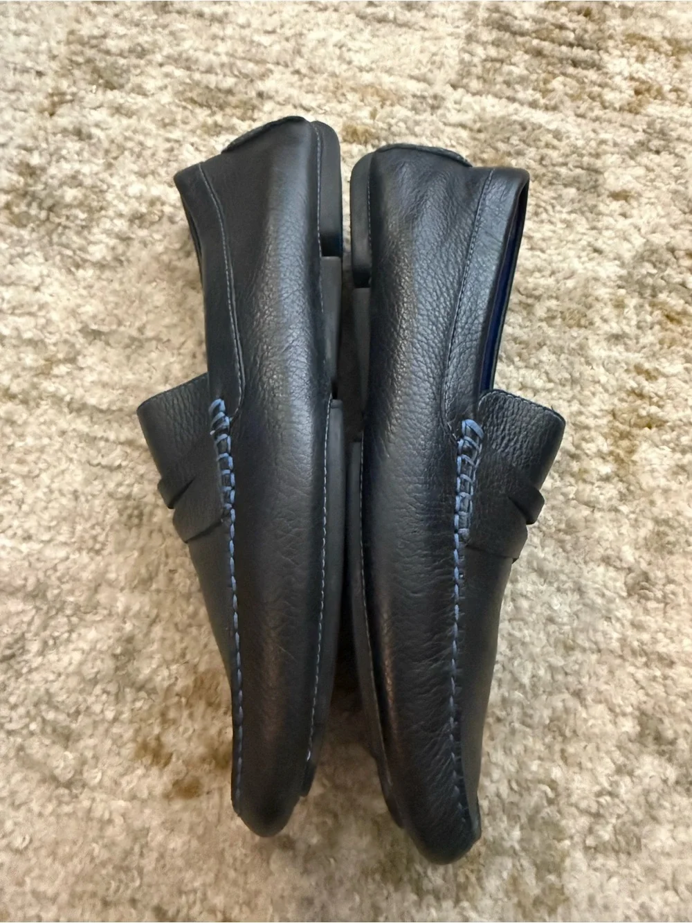Donald J. Pliner Black Leather Penny Loafers with Blue Stitching